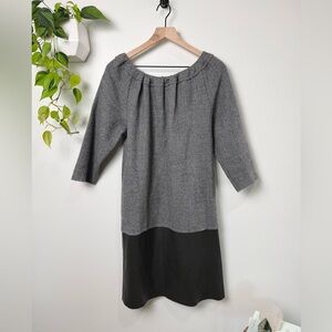 Hache Gray Wool Dress Black Contrast Hem Polka Dot Back 3/4 Sleeve Made Italy 42